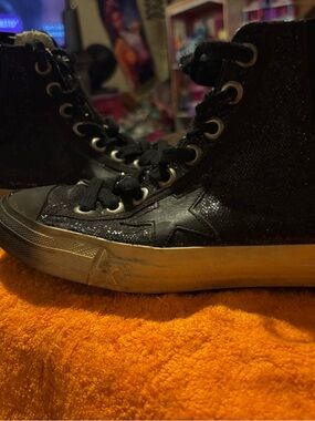 Golden Goose Black Glitter High-Top Sneaker with Gold Sole